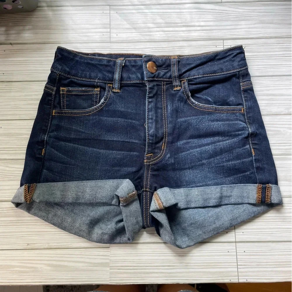 American eagle high rise shortie dark wash shorts women's size 2‎